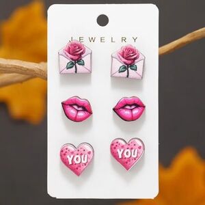 Wood Post Pink Rose and Lips Earrings 3 Pair